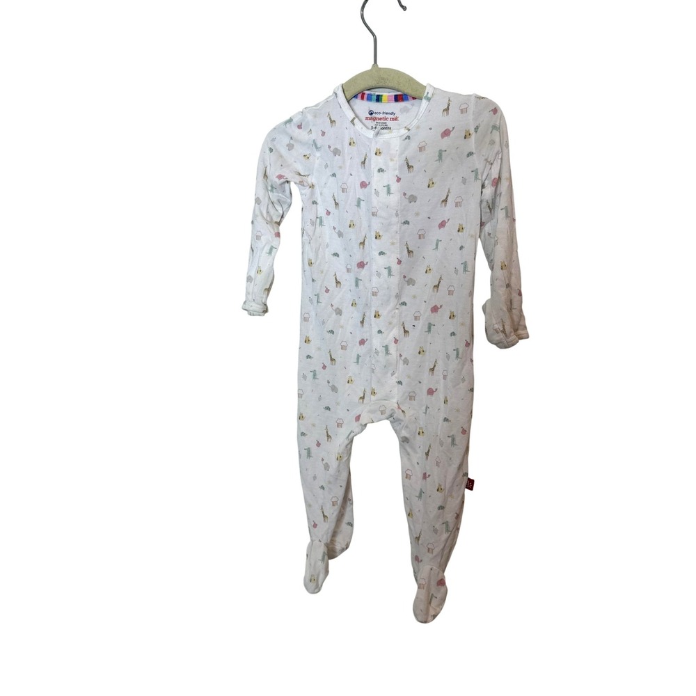 Magnetic Me Footie Pajamas Baby Girls 3-6 Months White Animal Modal Coverall